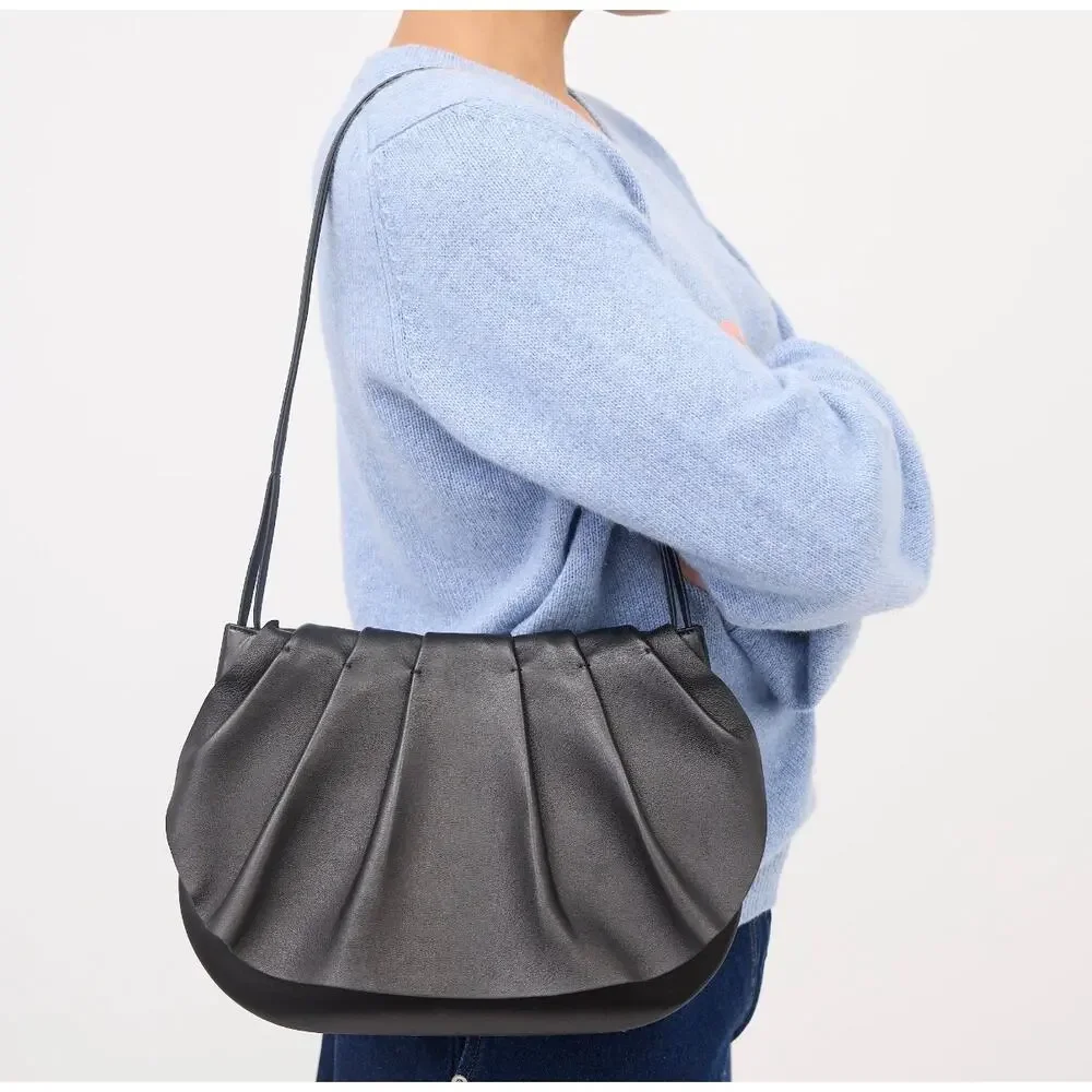 The Row Fan Bag 12 Origami Pleated Black Smooth Leather Shoulder Bag Authentic